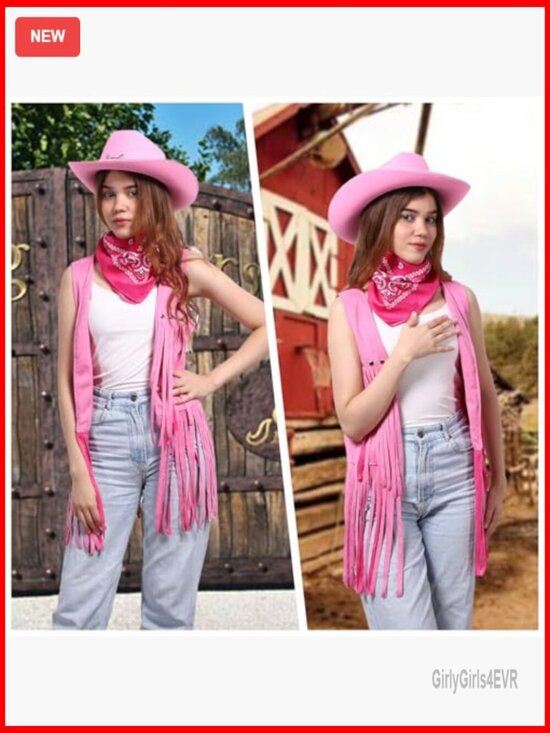 Western Cowgirl Fringe Vest Hat Bandana Set Faux Suede Adjustable main image 2
